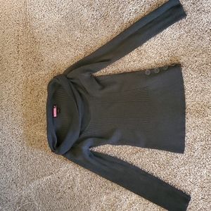 Gray medium cowl neck form fitting sweater with side button detail